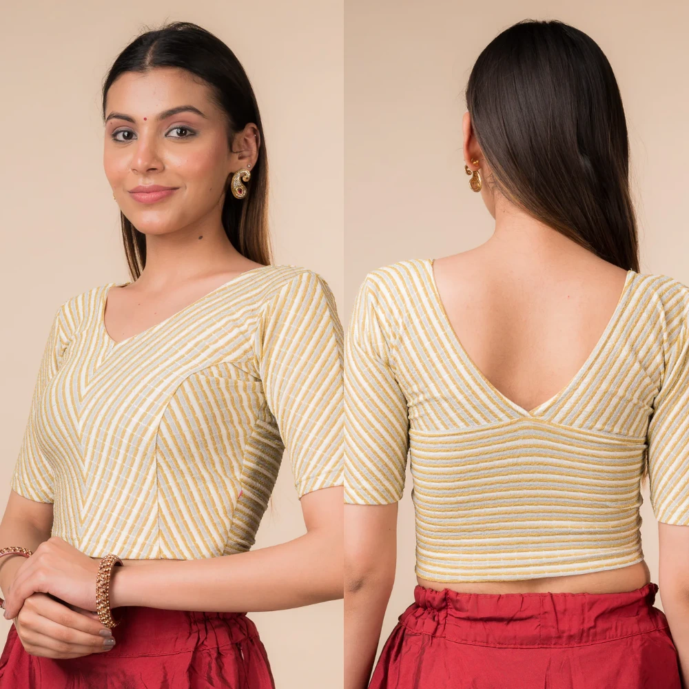 Bebo Metallic Stripes V-Neck Stretchable Blouse