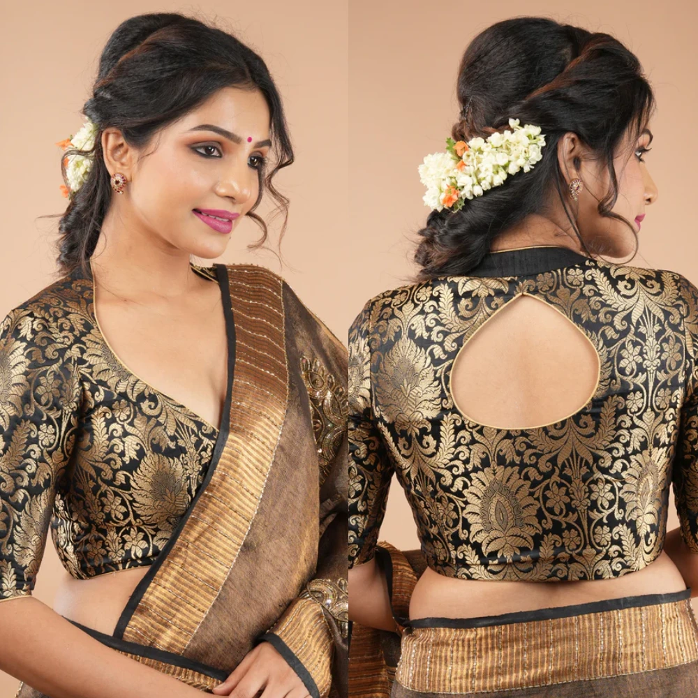 Black Banarasi Brocade Blouse with Paan Neck
