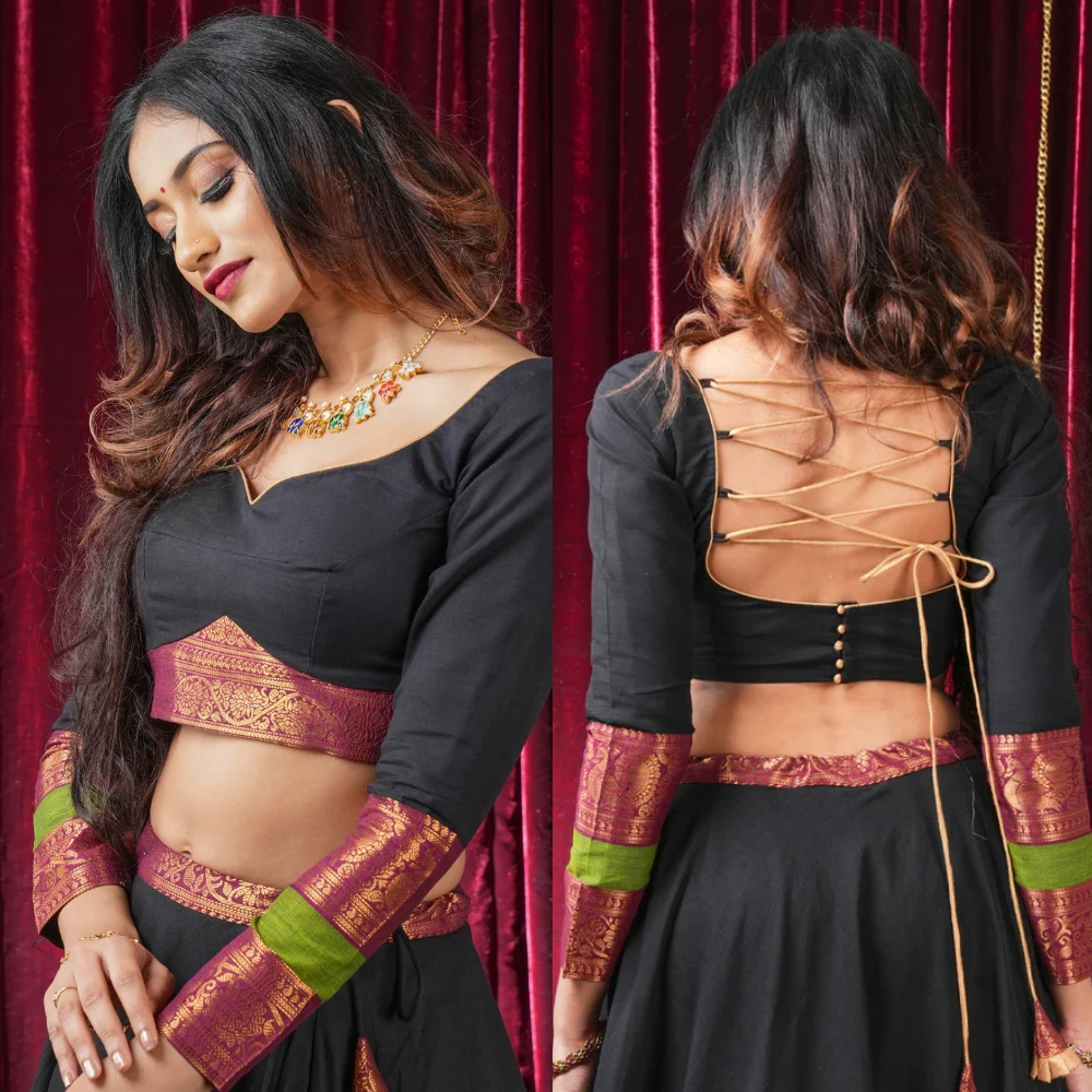 Black Kanchi Cotton Sweetheart Neck Blouse with Zari Border
