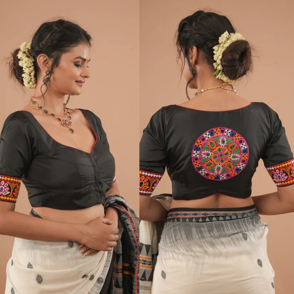 Made-to-Order: Black Mandala Embroidered Blouse with Elbow Sleeves