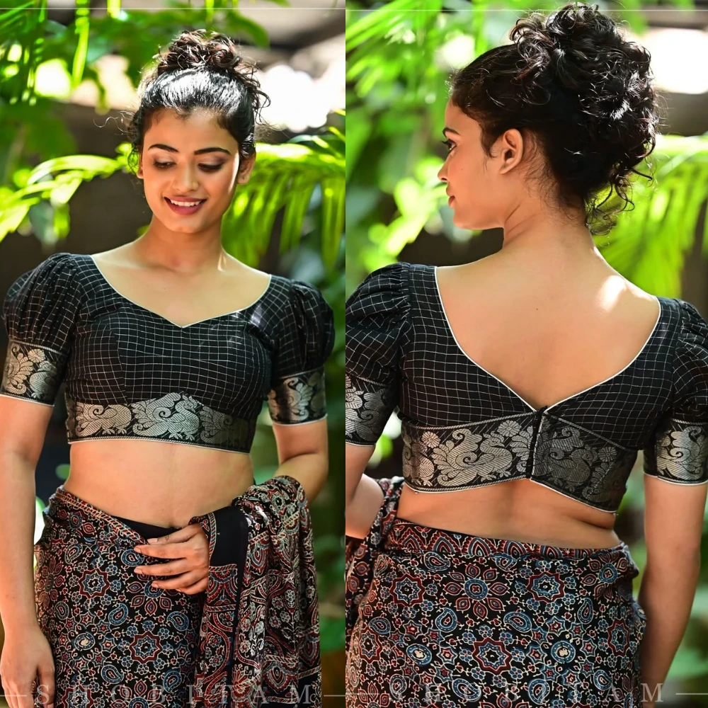 Black Madurai Cotton Blouse with Silver Zari Checks and Puff Sleeves
