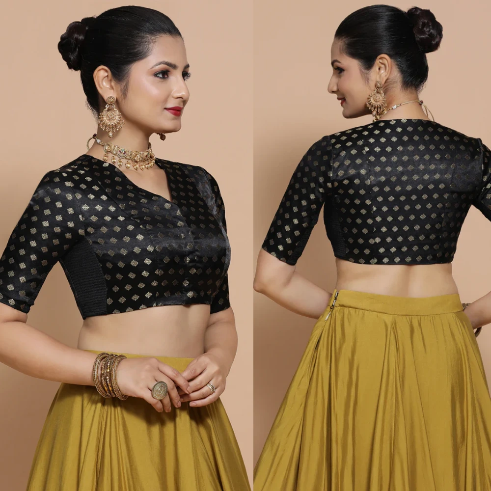 Black Butta Satin Viscose Saree Blouse with Elbow Sleeves
