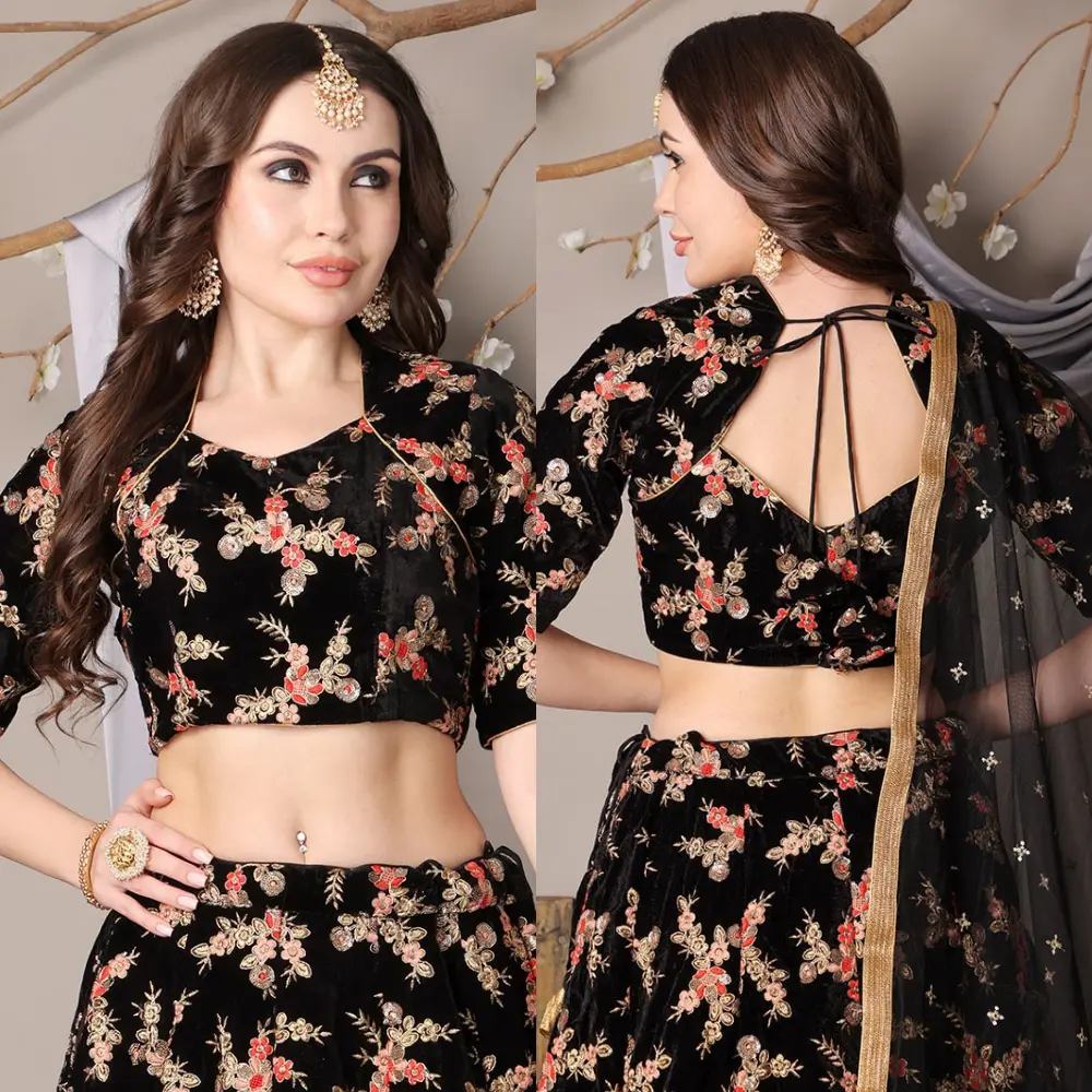 Black Embroidered Velvet Blouse for Wedding Wear