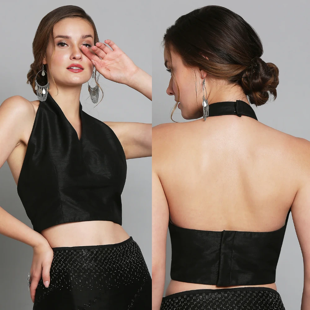 Elegant Black Halter Neck Silk Blouse
