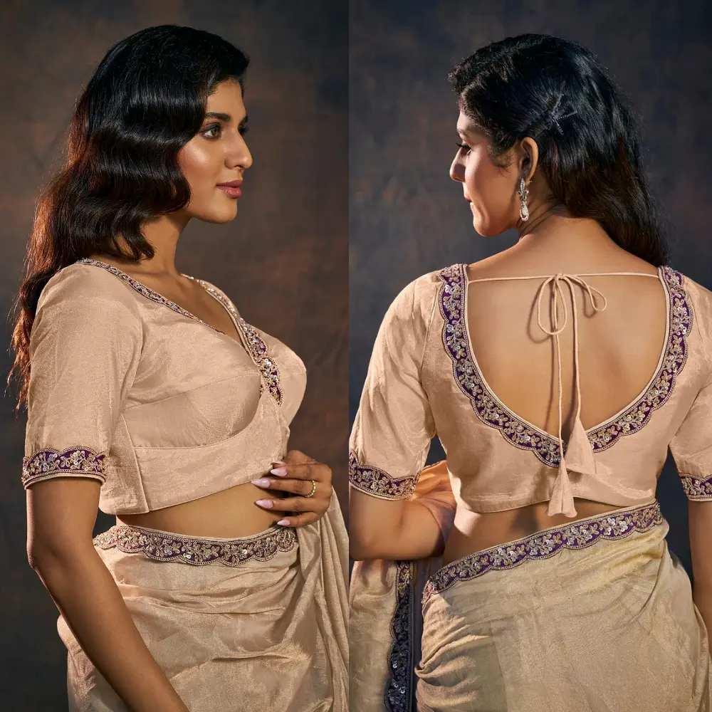 Designer Banarasi Beige Tissue Blouse Deep V-neck with Purple Gold Border"
