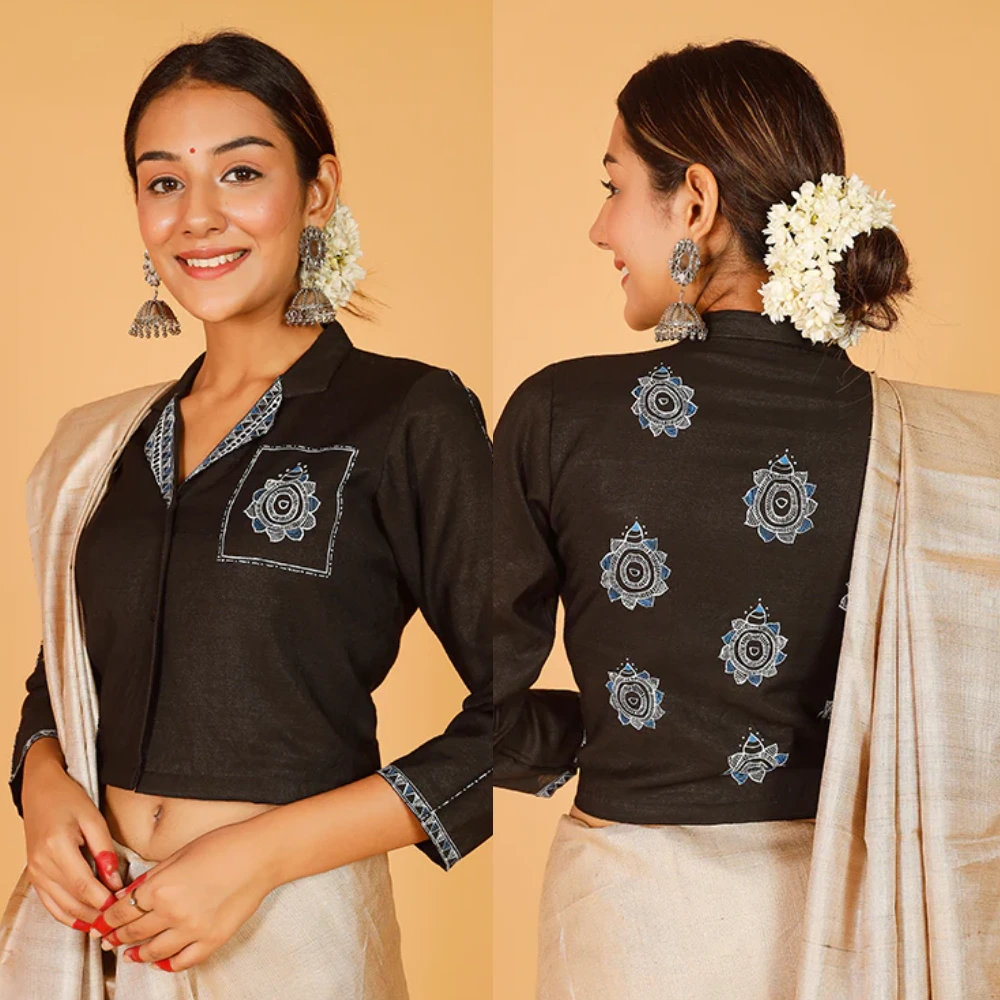 Designer Banarasi Handpainted Cotton Blouse Kurmaraja Art with Collar Neck"
