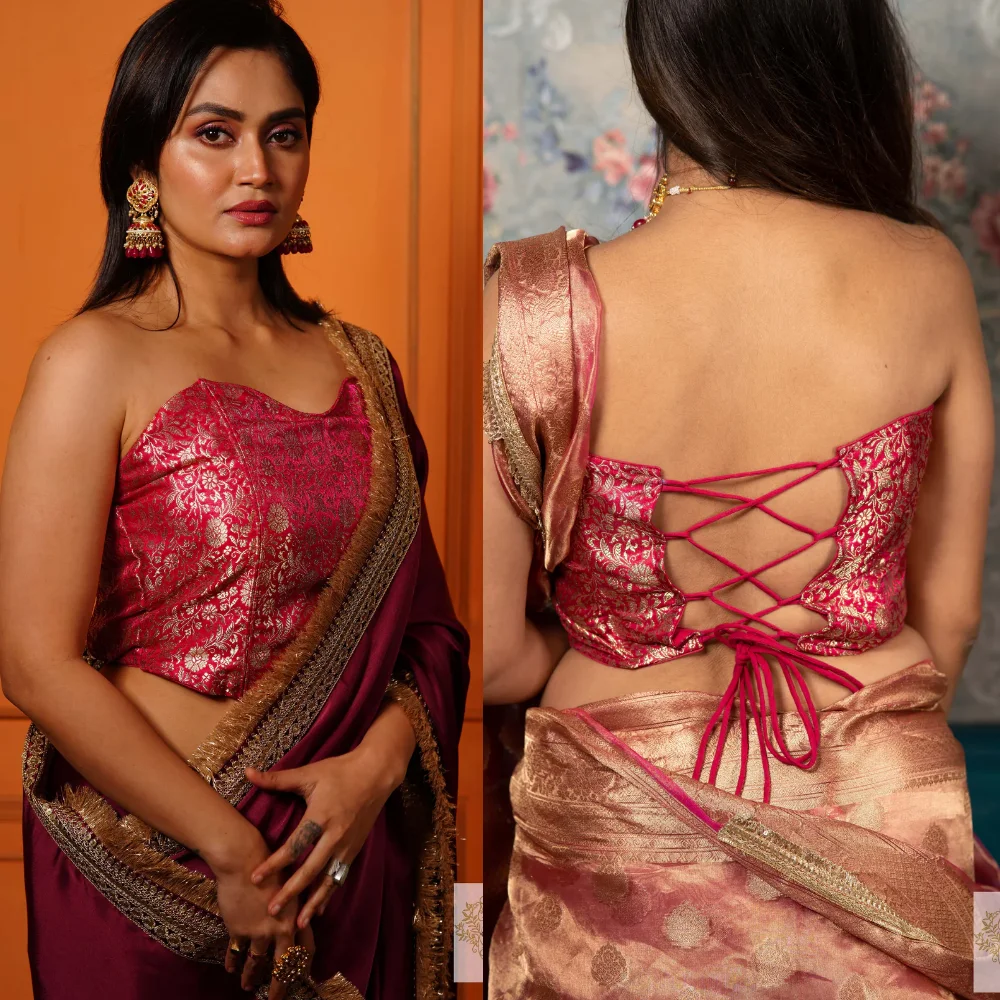 Designer Fuchsia Banarasi Brocade Corset Blouse with Off Shoulder
