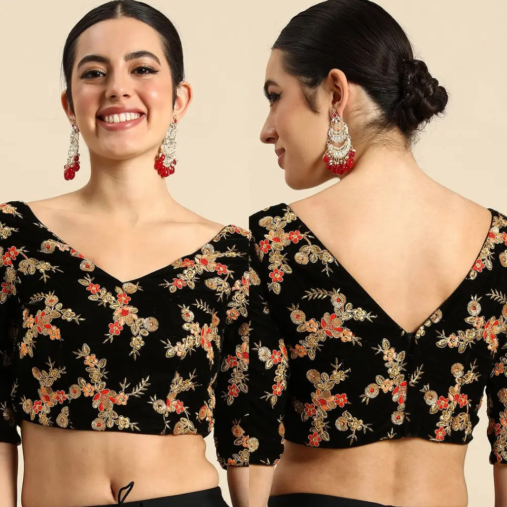 Designer Black Banarasi Velvet Blouse with Embroidered Festive Wear
