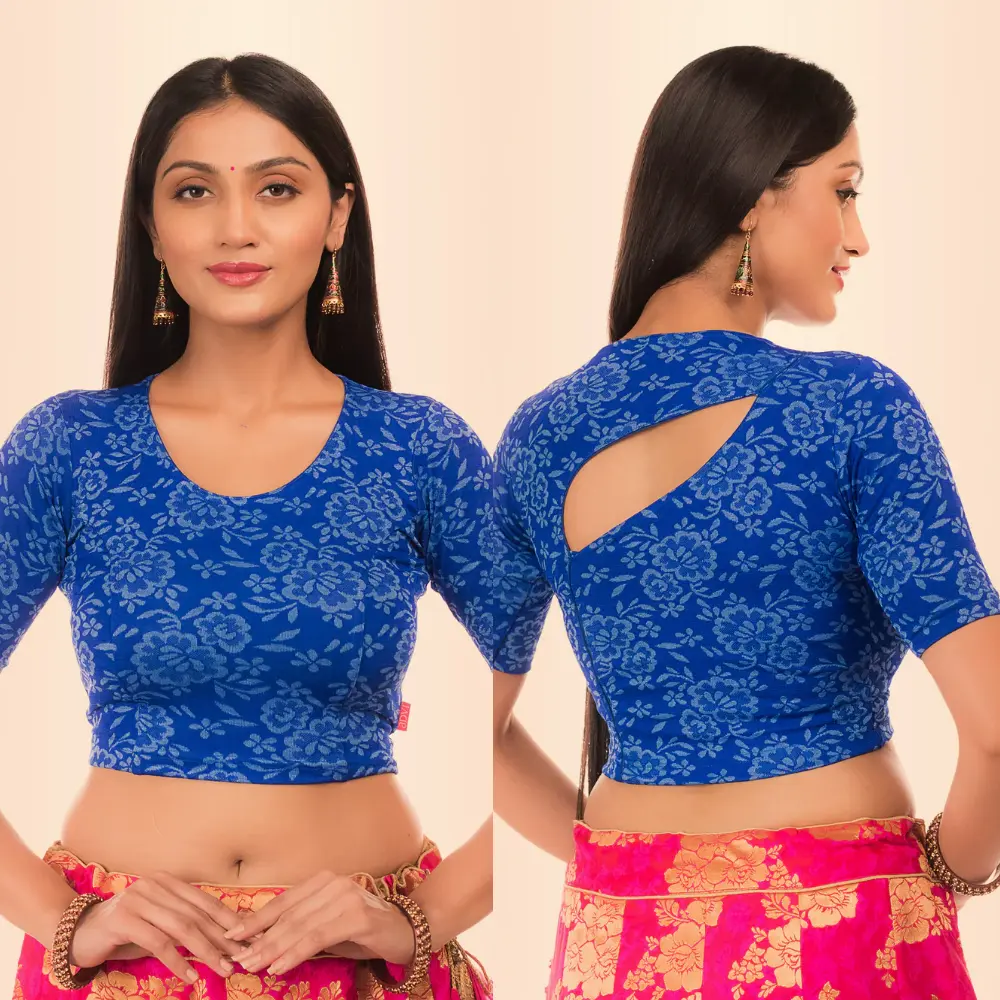 Designer Blue Ambreen Jacquard Blouse with High Neck Stretchable Style
