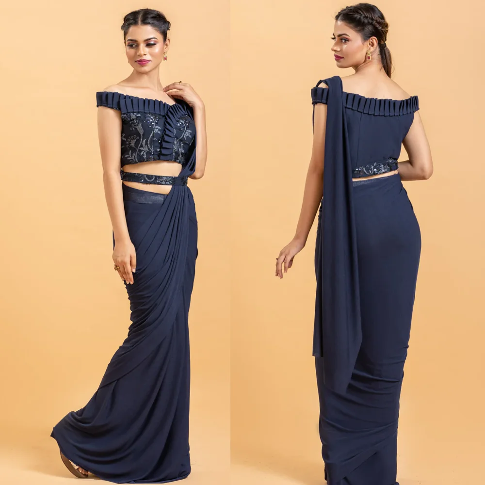 Designer Midnight Blue Blouse with Off Shoulder Embroidery
