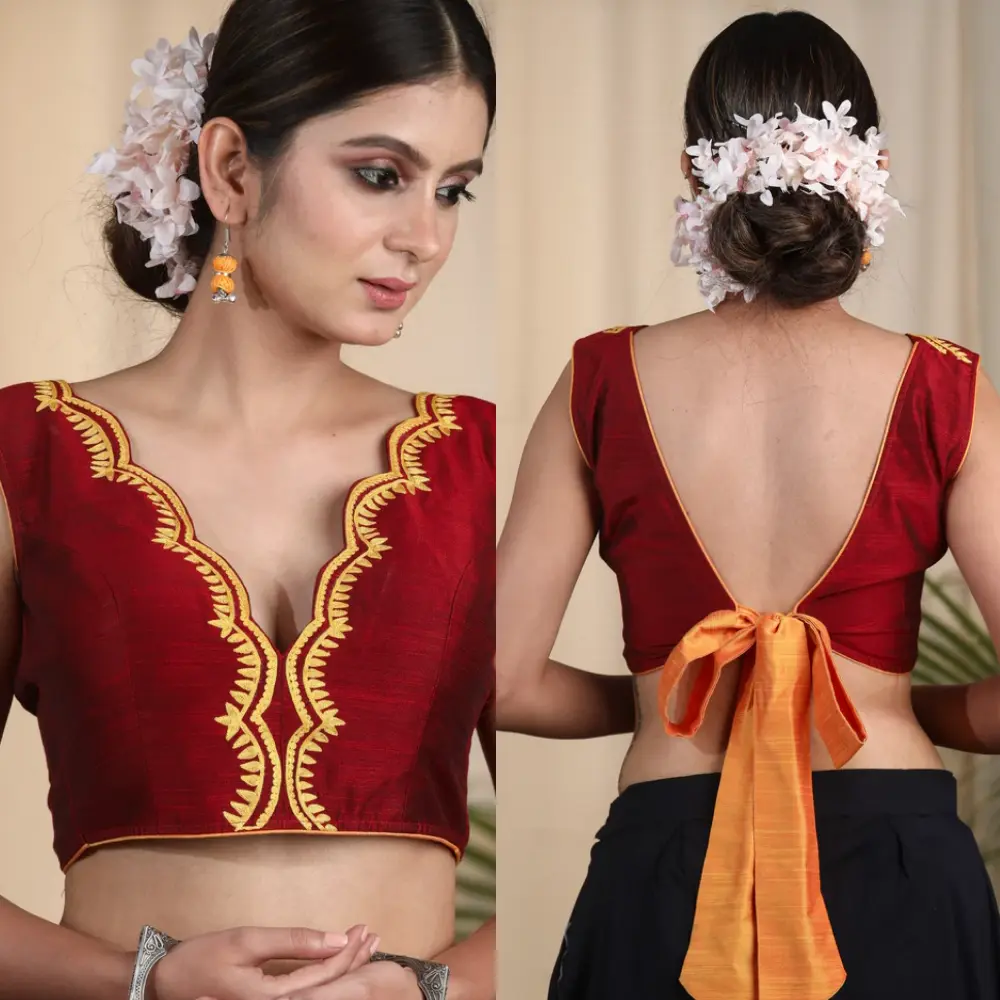 Maroon Back Bow Cotton Silk Blouse Design with Scallop Neck