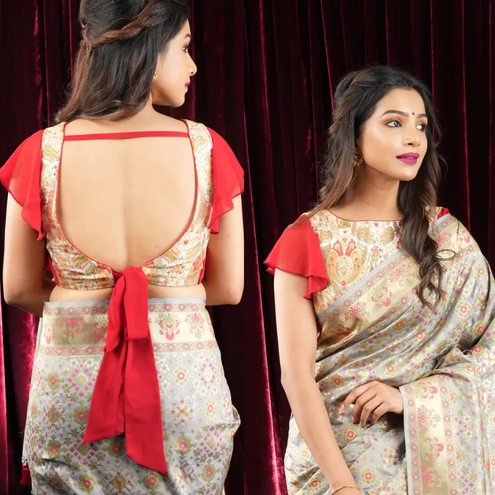 Multicolor Banarasi Brocade Frill Sleeve Back Bow Blouse Design