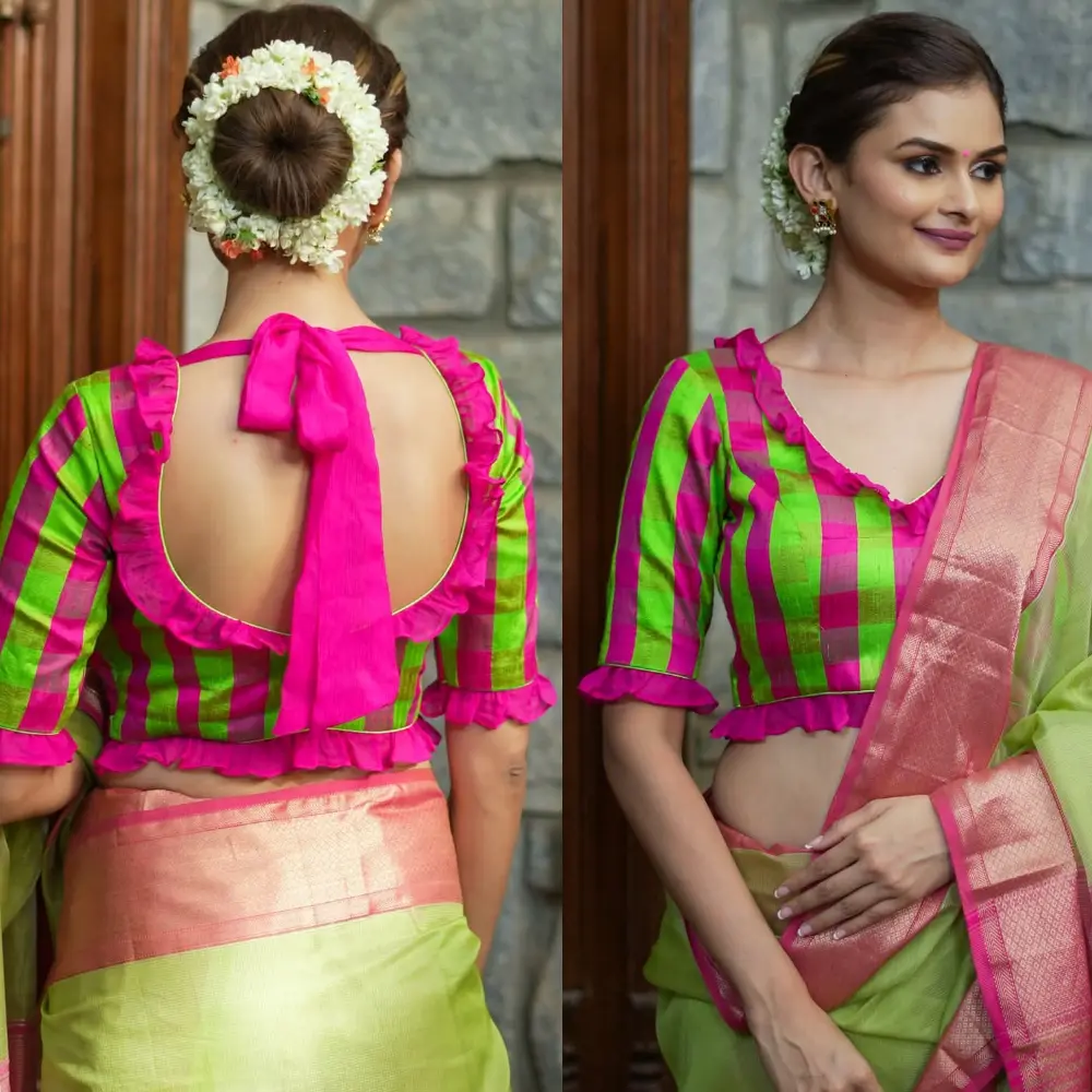 Green Pink Checked Raw Silk V-neck Frill Blouse Design