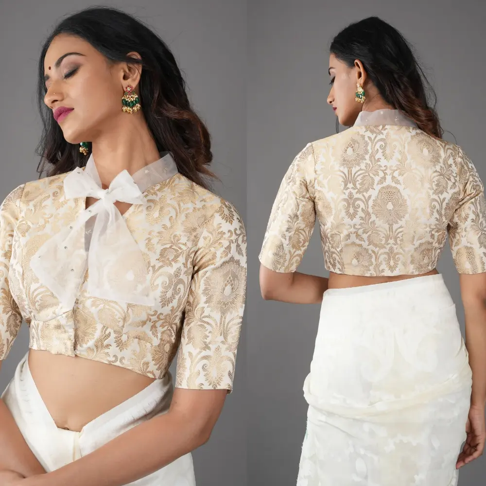 Off White Banarasi Brocade Tie Neck Blouse Design