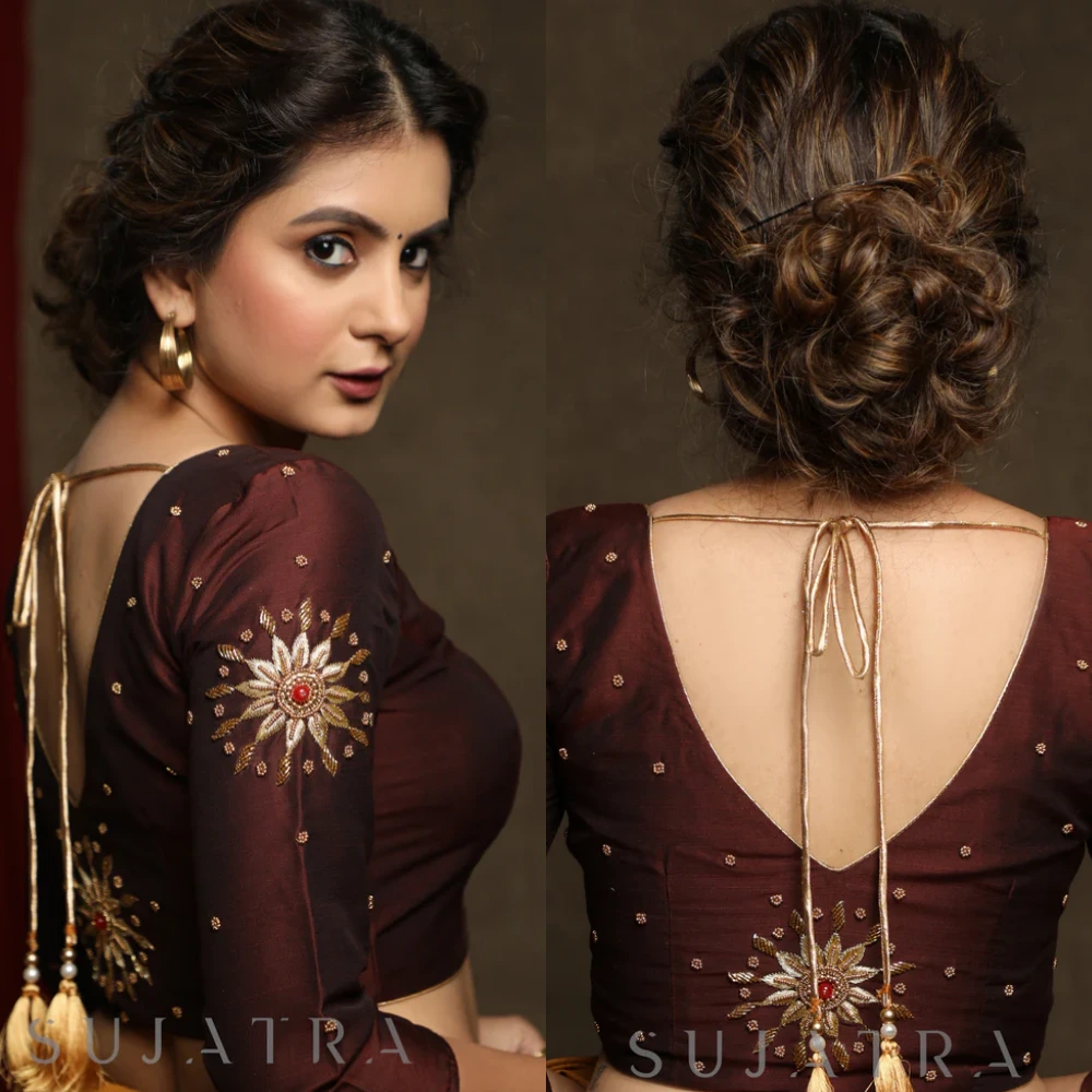 Coffee Brown Hand Embroidered Silk Saree Blouse for Festivals
