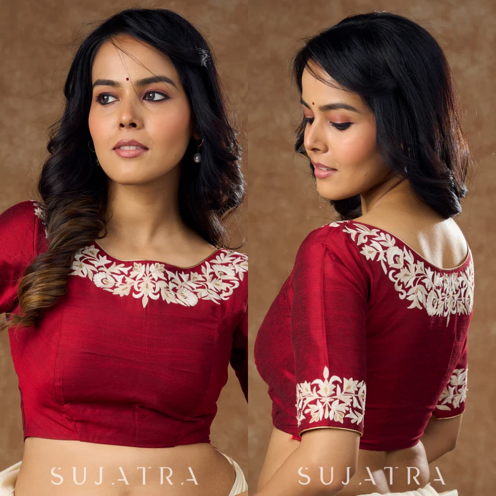 Maroon Hand Embroidered Cotton Silk Saree Blouse for Traditional Wear
