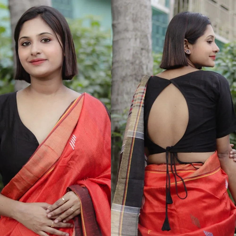 Black Designer Backless Cotton Silk Saree Blouse with Tassel Latkan
