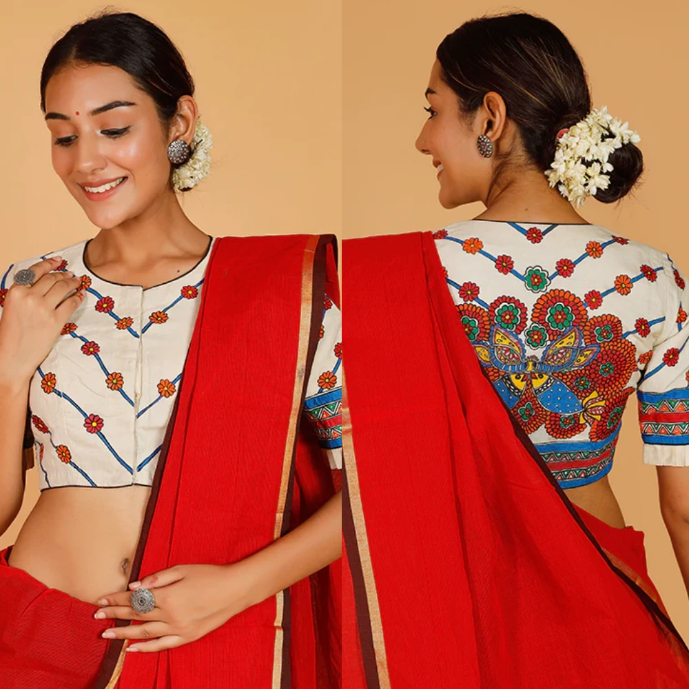 Madhubani Hand Painted Moonga Silk Saree Blouse Peacock Design Traditional Wear
