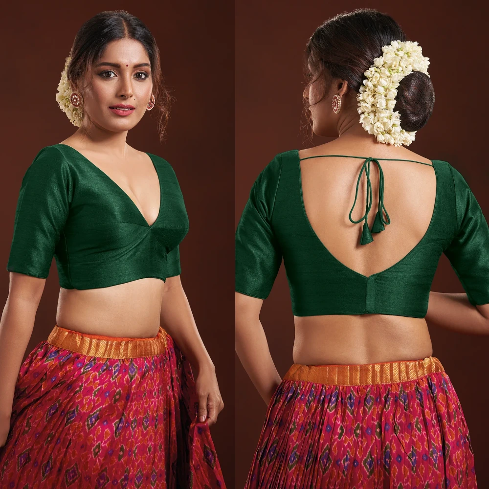 Green Mulberry Silk Deep V Neck Saree Blouse Designer Party Wear
