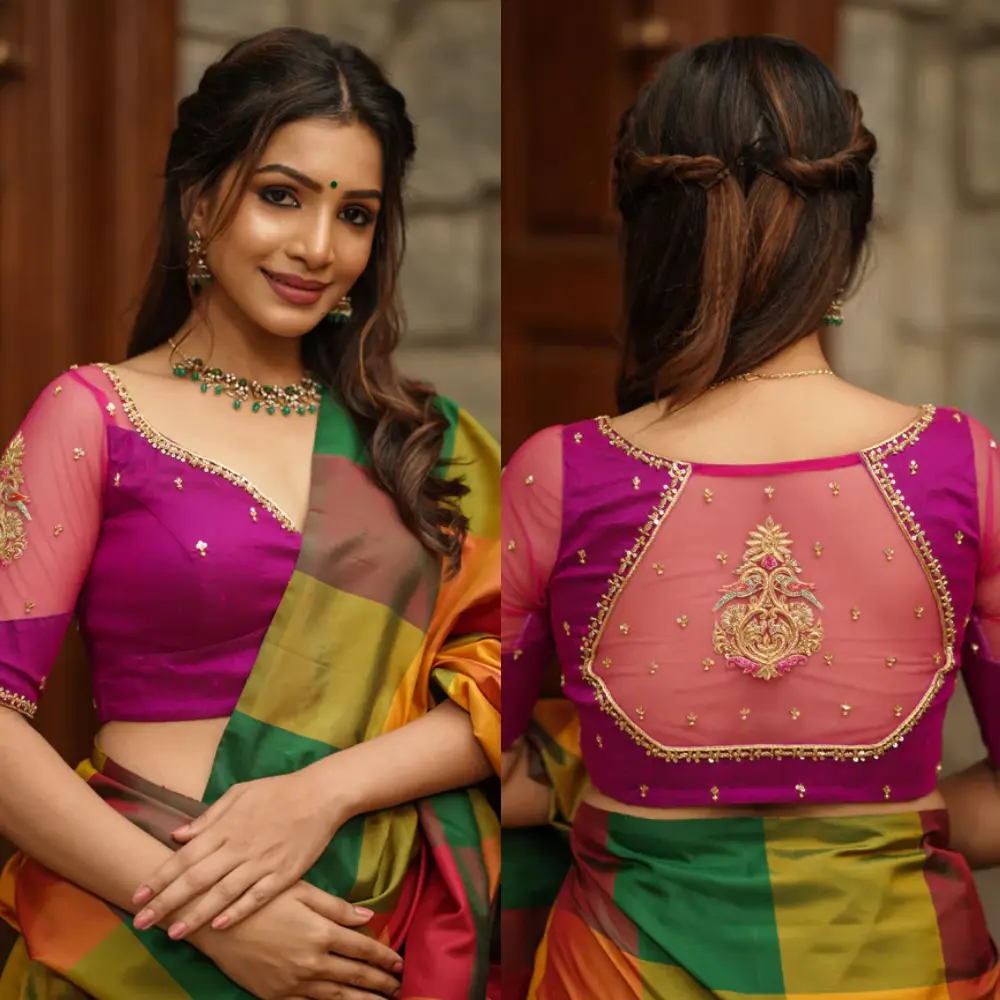 Magenta Pure Silk Sweetheart Neck Saree Blouse with Net Zardosi Work
