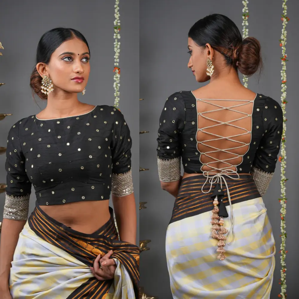 Black Mirror Work Raw Silk Backless Designer Blouse