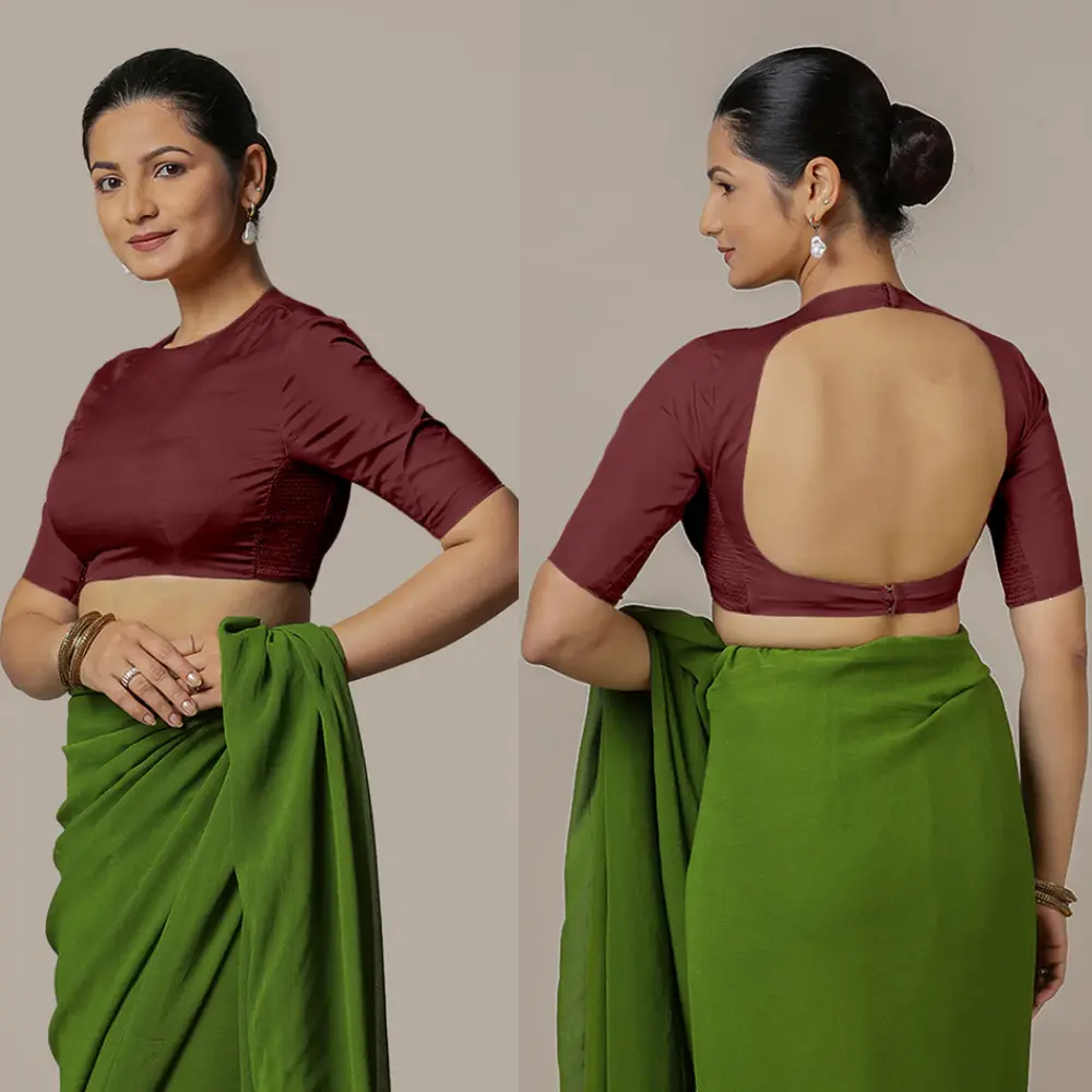 Burgundy Artificial Silk Backless Blouse with Elbow Sleeves and FlexiFit