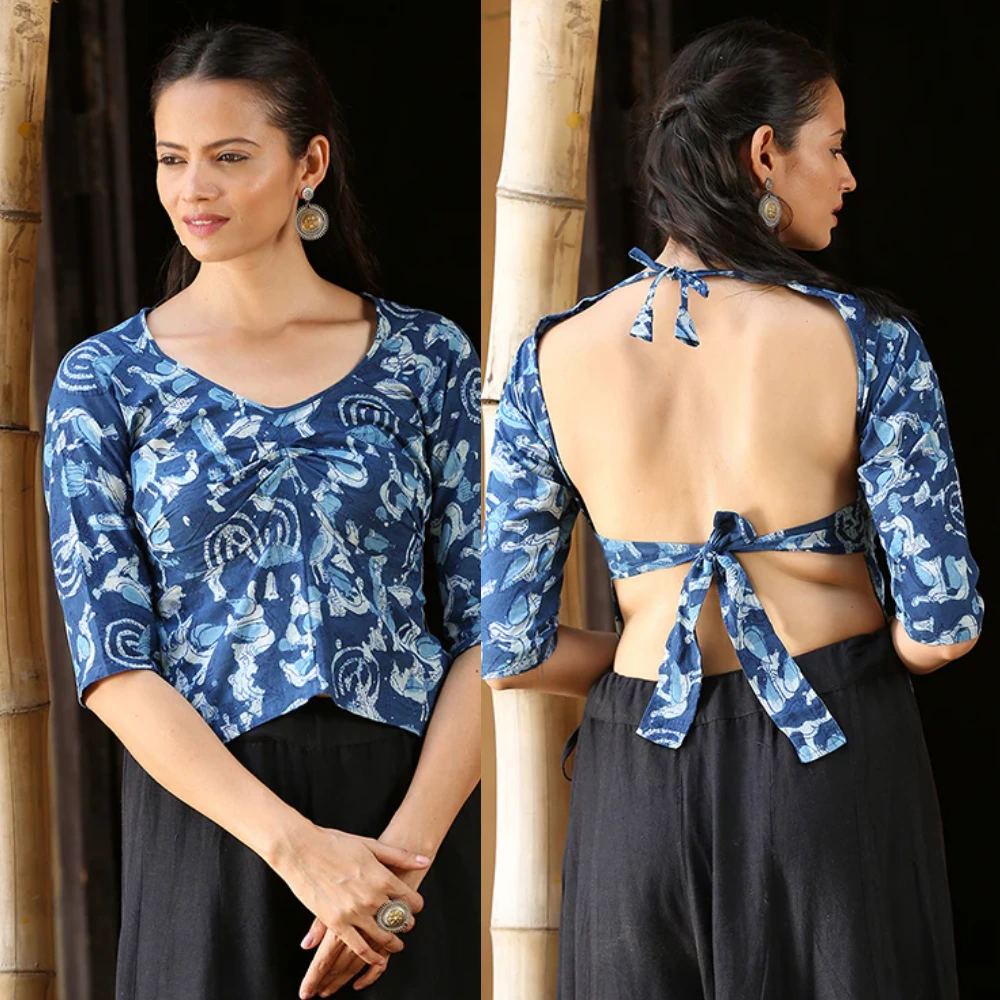 Blue Water Indigo Printed Cotton Rabari Backless Blouse