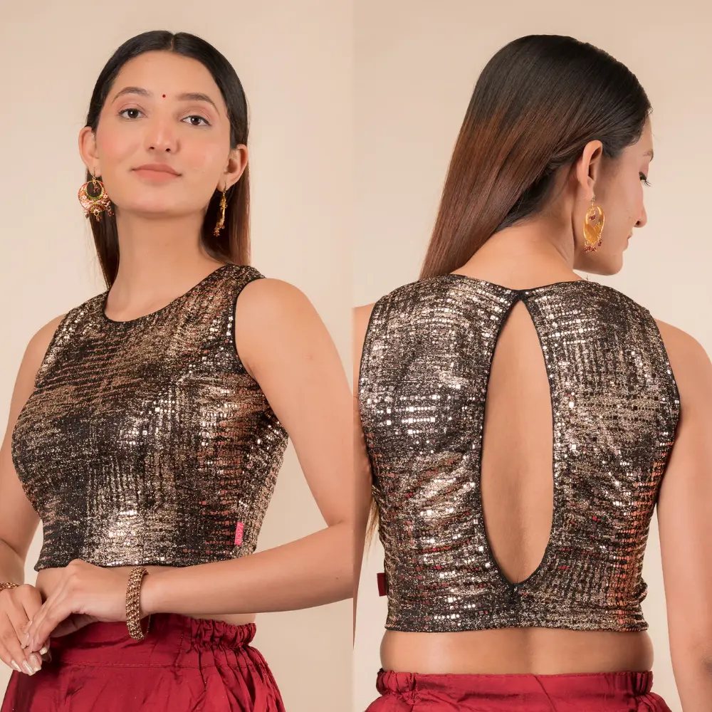 Shiny Sleeveless Stretchable Backless Party Wear Blouse