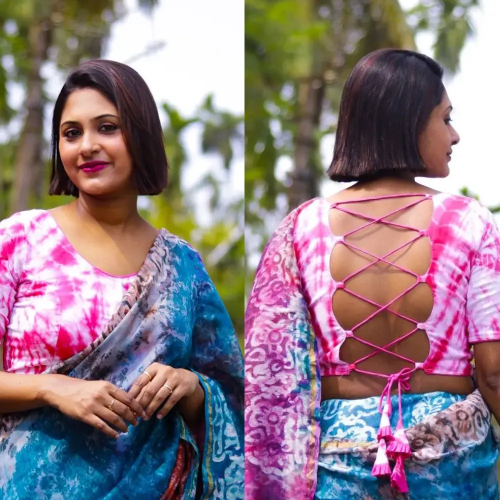 White Magenta Tie Dye Backless Cotton Designer Blouse