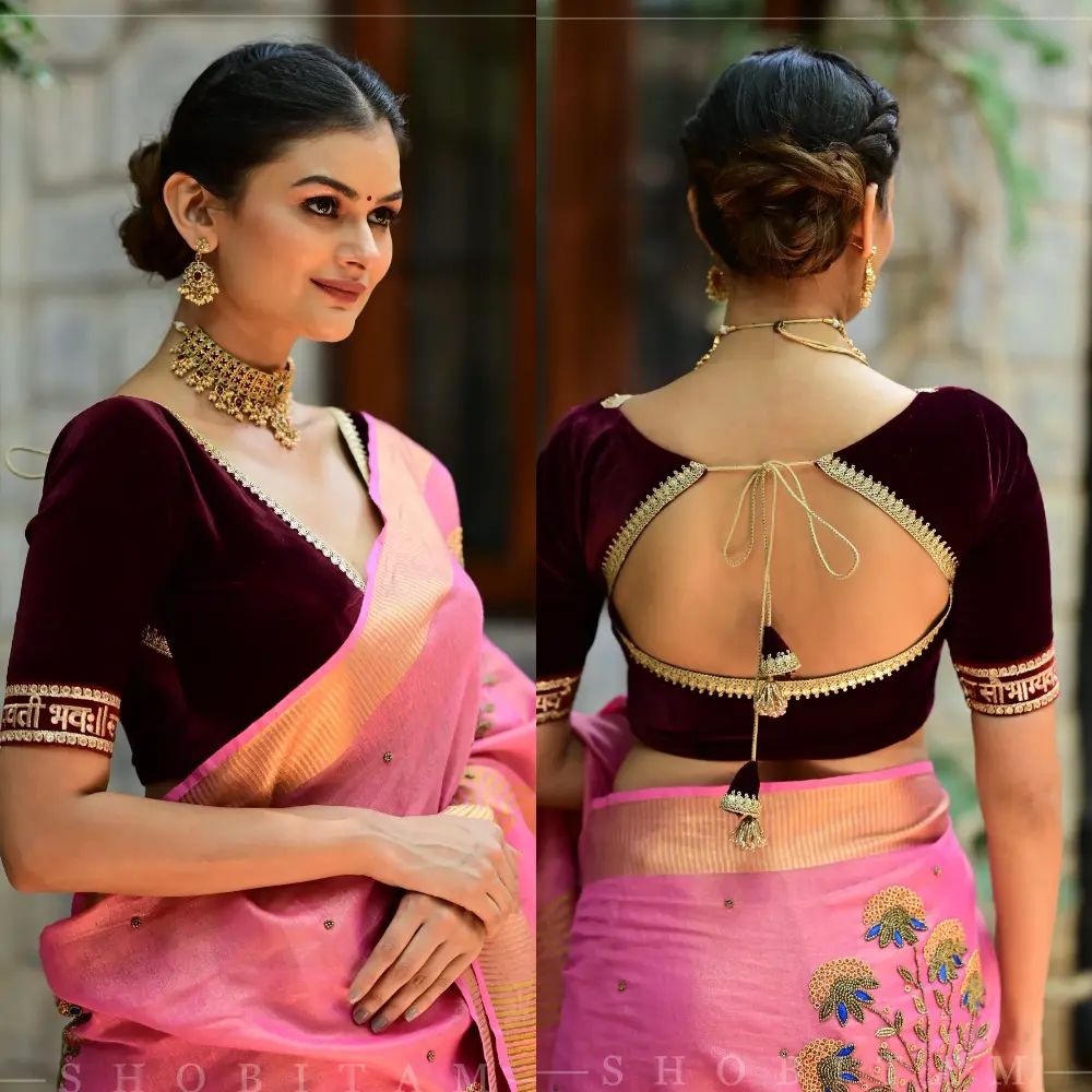 Maroon Velvet Gota Trim Designer Wedding Blouse 