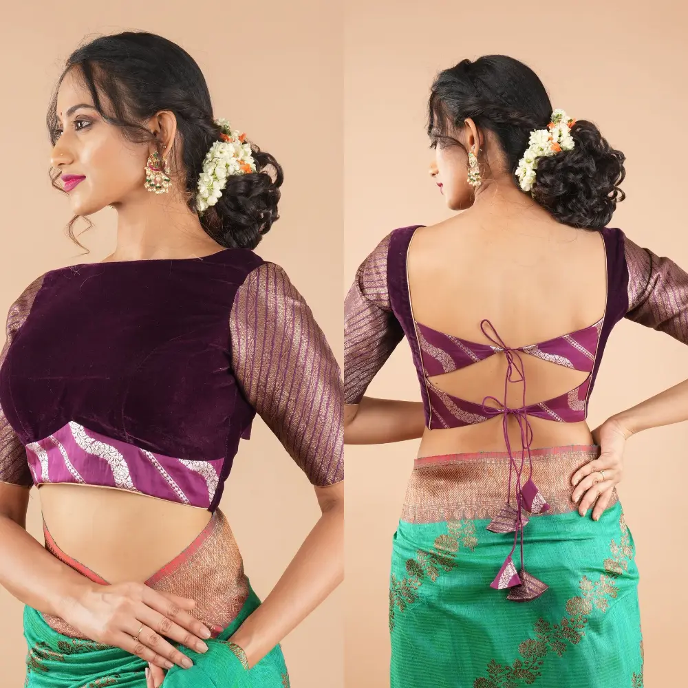 Plum Velvet Brocade Boat Neck Tassel Back Designer Blouse.