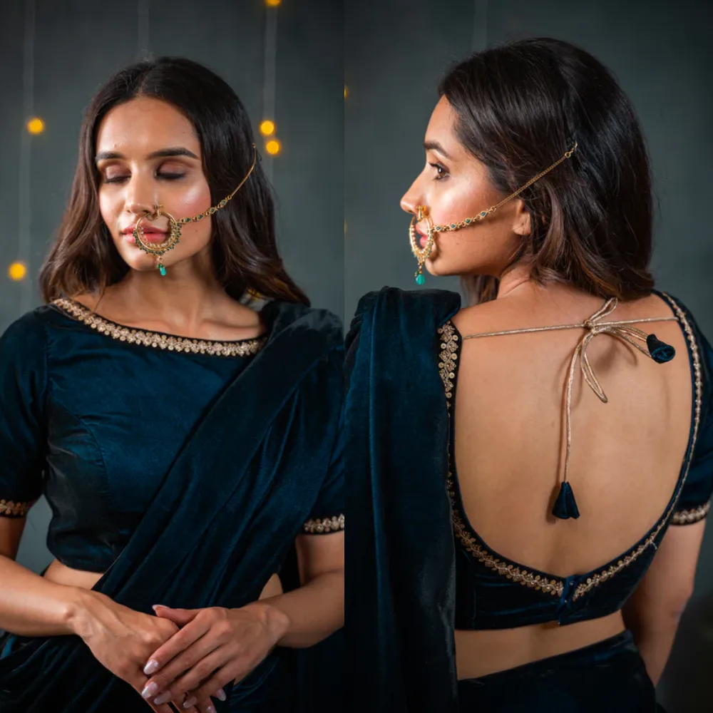 Deep Blue Velvet Boat Neck Designer Blouse