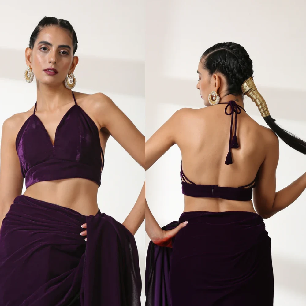 Purple Velvet Leaf Design Designer Blouse