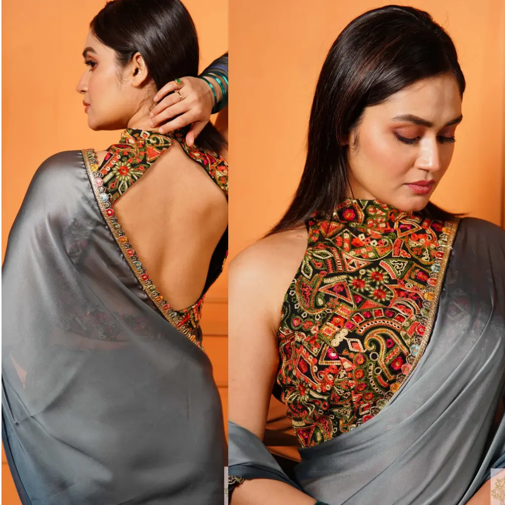 Black Halter Neck Cut-Out Designer Blouse.