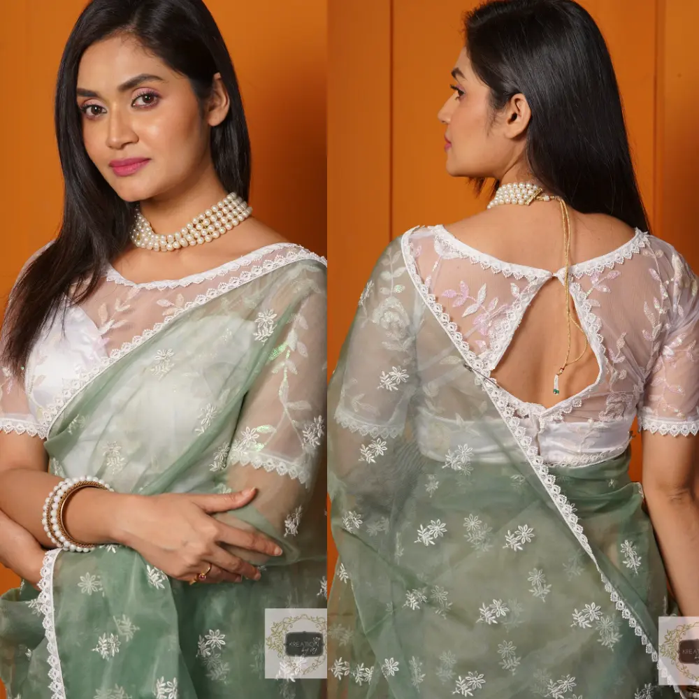 White Net Floral Designer Blouse.