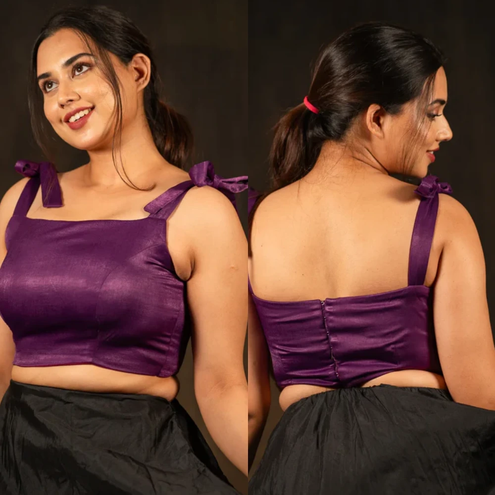 Plum Purple Velvet Square Neck Crop Top Blouse 