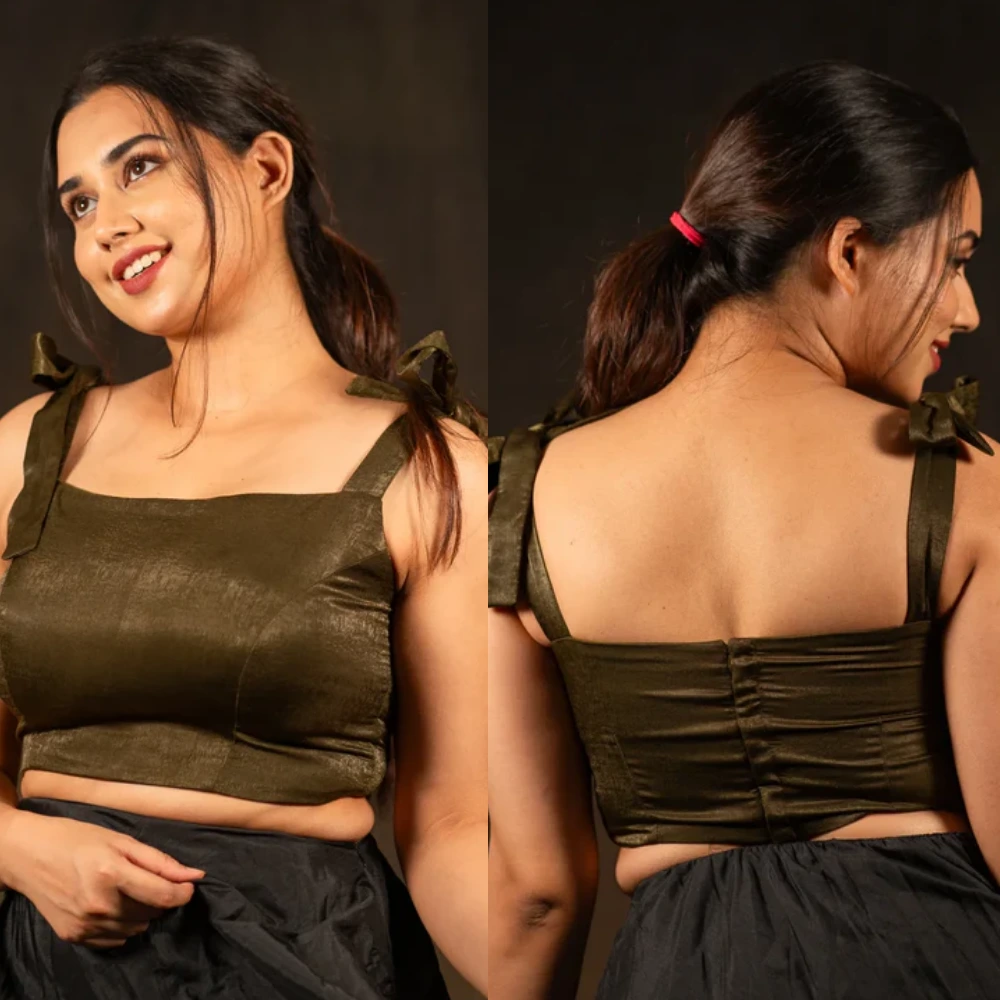 Olive Green Velvet Square Neck Designer Crop Blouse