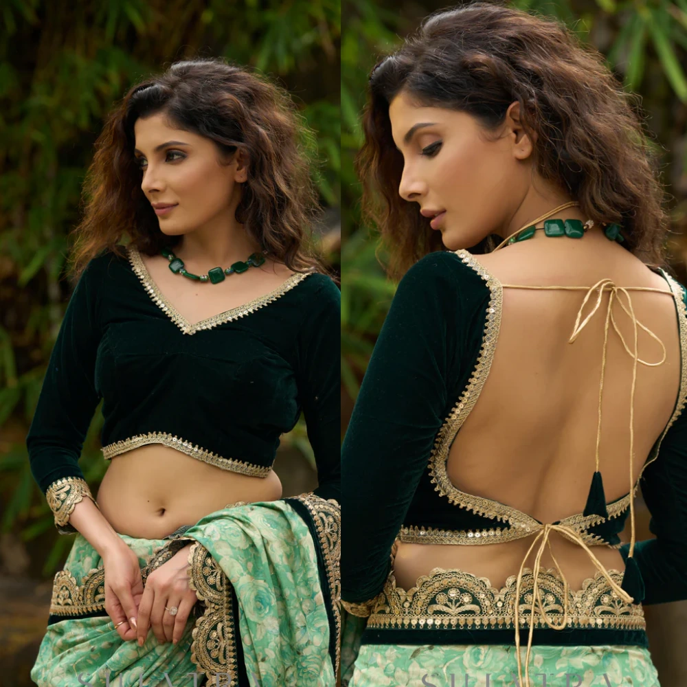 Green Velvet Scalloped Lace Designer Blouse