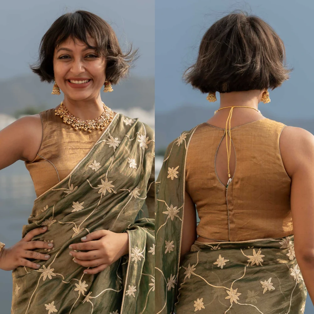 Golden Chanderi Cotton-Silk Sleeveless Piping Detail Blouse