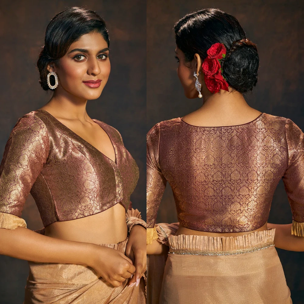 Brown Banarasi Brocade V-Neck Ruffle Sleeve Blouse