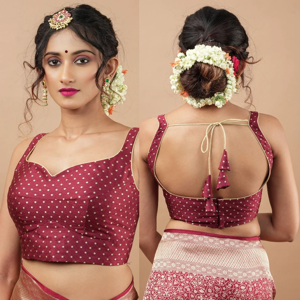 Maroon Golden Buti Leaf-Neck Square Back Designer Blouse