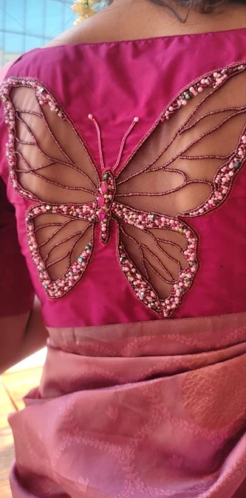 Fuchsia Sheer Butterfly Embellished Designer Blouse
