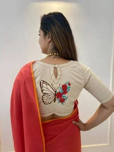 Elegant Ivory Butterfly Floral Embroidered Back Blouse
