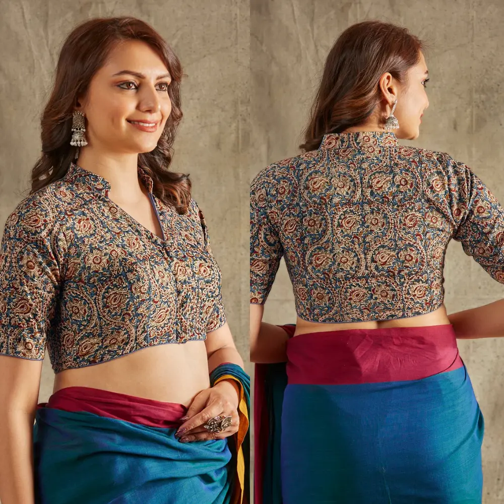 Blue Cotton Kalamkari Collar Neck Designer Blouse