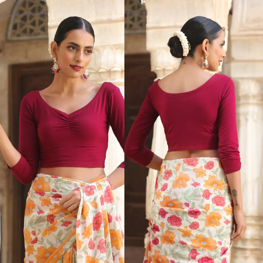 Ruby Red Stretchable Scoop Neck Designer Blouse