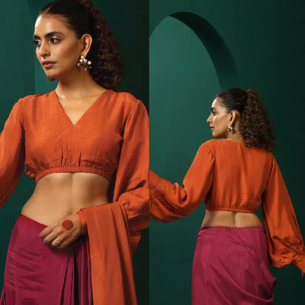Rust Silk Gathered Sleeve Designer Blouse