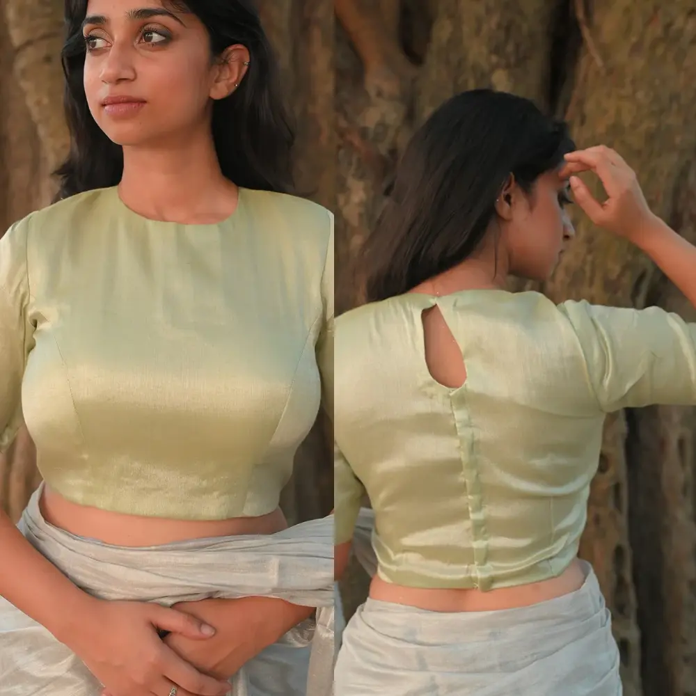 Pista Green Tissue Round Neck Designer Blouse