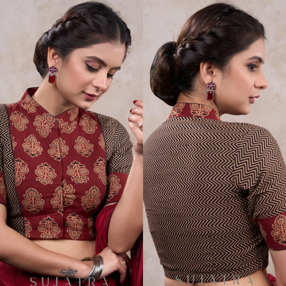 Maroon Ajrakh Print High Neck Designer Ethnic Blouse