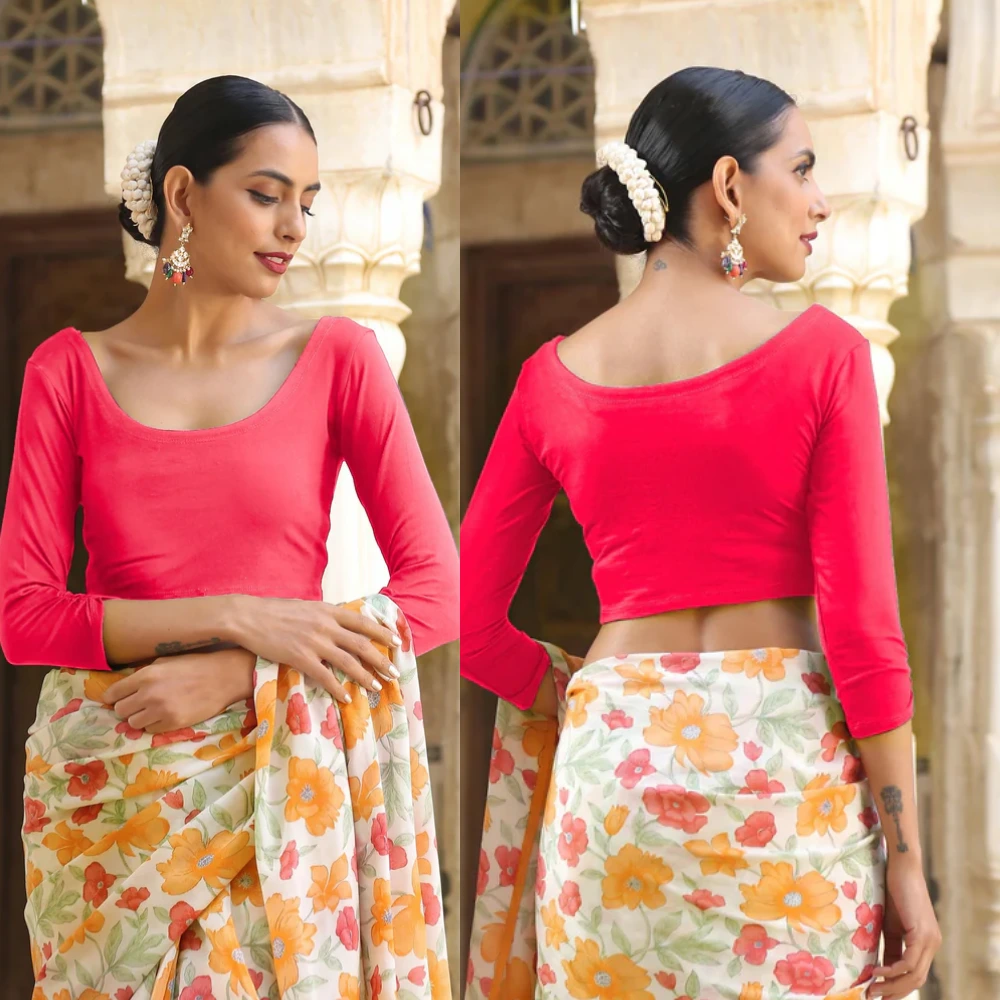 Coral Pink Stretchable Scoop Neck Designer Slip-On Blouse