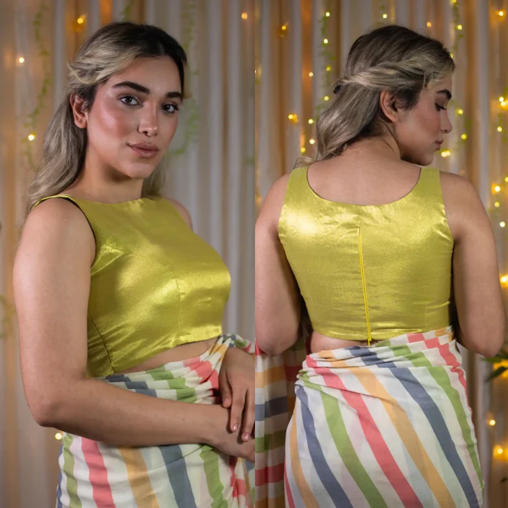 Golden Green Tissue Halter Neck Designer Party Wear Blouse